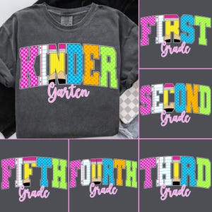 Retro Back to School Girls PNG Checkered Bundle, Kindergarten Kid Design, First Day Shirt PNG, Pre-K to Fourth Grade PNG, School Girl File