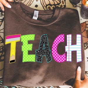 Neon Checkered TEACH PNG, Teacher Back to School PNG, Neon Distressed Coquette Teacher Png, Hand Drawn, Colorful Sublimation Design Png