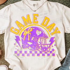 Retro Football Game Day PNG: Yellow Purple Checkered Design (Digital Download)