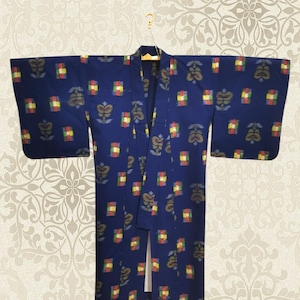 Japanese kimono yukata blue flower floral pattern vintage long kimono robe #475
