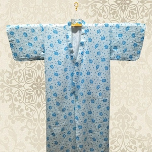 Japanese Cotton Yukata White Blue Flower Floral Pattern Vintage Long Kimono Robe #428