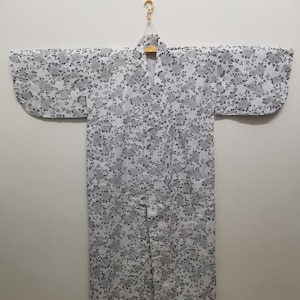 Japanese Cotton Yukata White Blue Flower Floral Pattern Vintage Long Kimono Robe #417