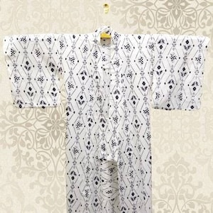 Japanischer Baumwolle Yukata Weiß Blau Abstraktes Muster Vintage Lang Kimono Robe #342
