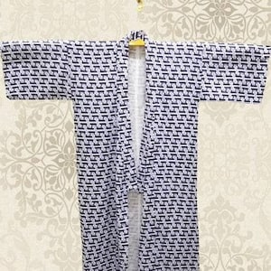 Japanischer Baumwolle Yukata Blau Abstraktes Muster Vintage Lang Kimono Robe #326