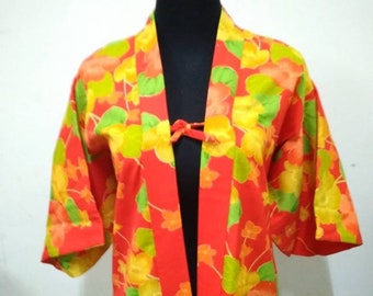 Japanese haori kimono orange floral kimono jacket /kimono cardigan/vintage kimono robe/#116