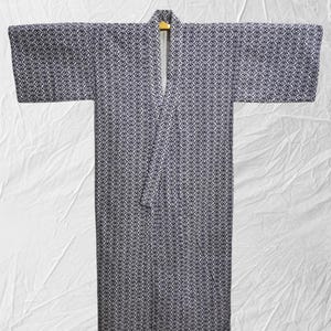 Japanese cotton yukata white blue abstract pattern vintage long kimono robe #560