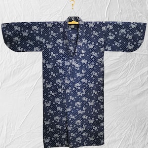 Japanese cotton yukata blue flower floral with belt pattern vintage long kimono robe #558