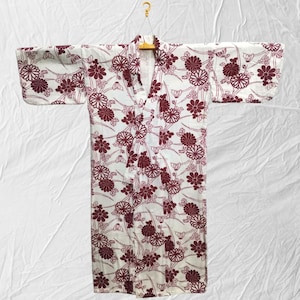 Japanese cotton yukata red flower floral pattern vintage long kimono robe #565