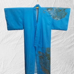 Japanese kimono yukata blue abstract pattern vintage long kimono robe #598
