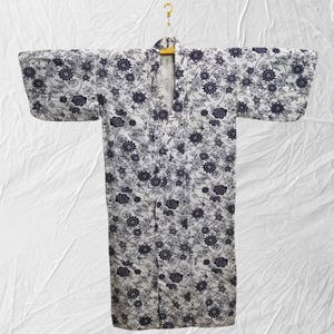 Japanese cotton yukata white blue flower floral pattern vintage long kimono robe #548