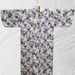Japanese cotton yukata white blue abstract pattern vintage long kimono robe #572