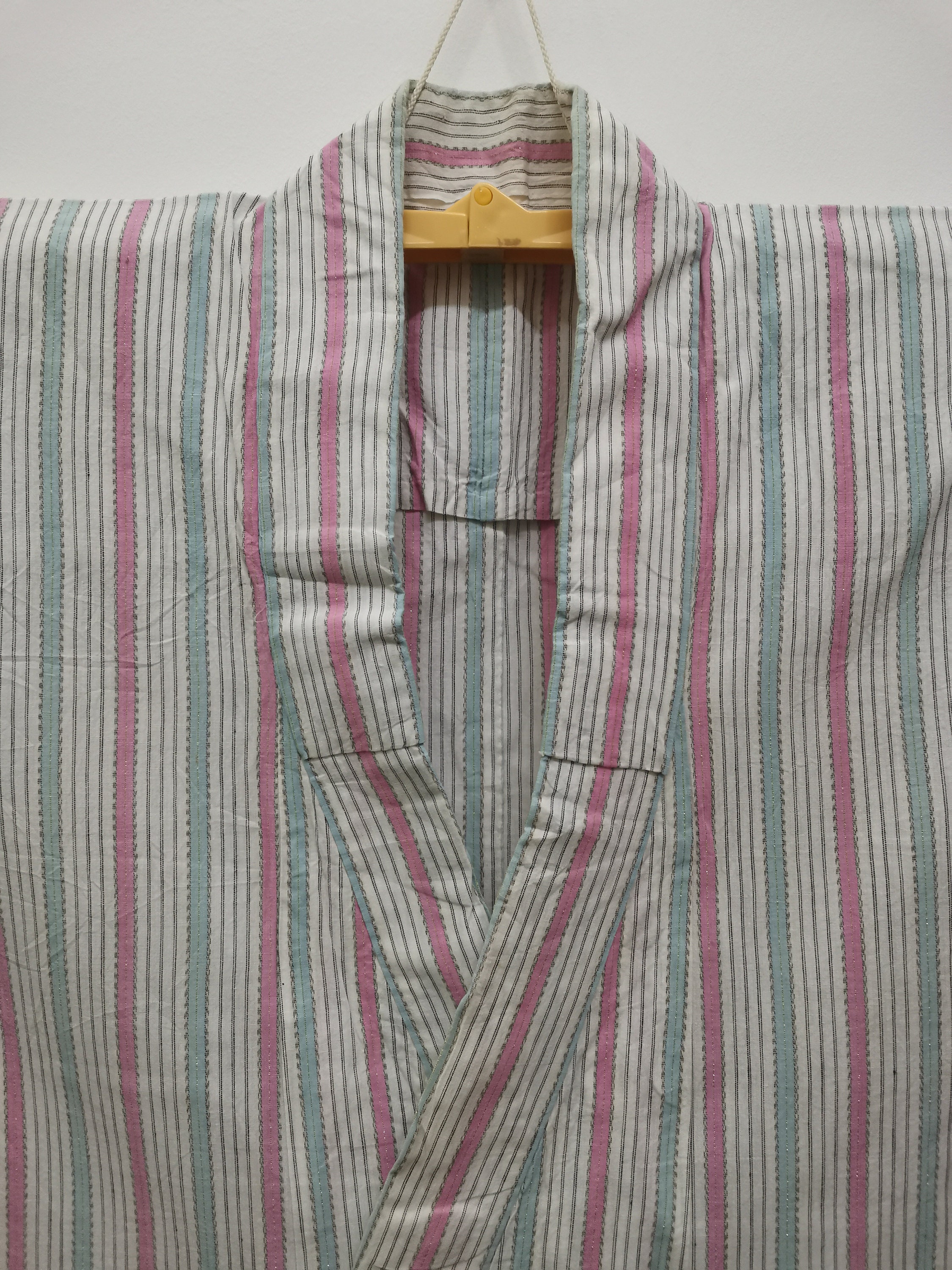 Japanese Cotton Yukata Blue Pink Stripe Pattern Vintage Long