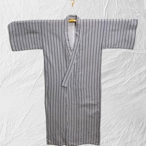Japanese cotton yukata white blue abstract pattern vintage long kimono robe #568