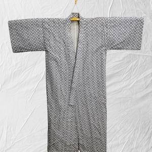 Japanese cotton yukata white blue abstract pattern vintage long kimono robe #546
