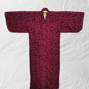 Japanese cotton yukata red flower floral with belt pattern vintage long kimono robe #562