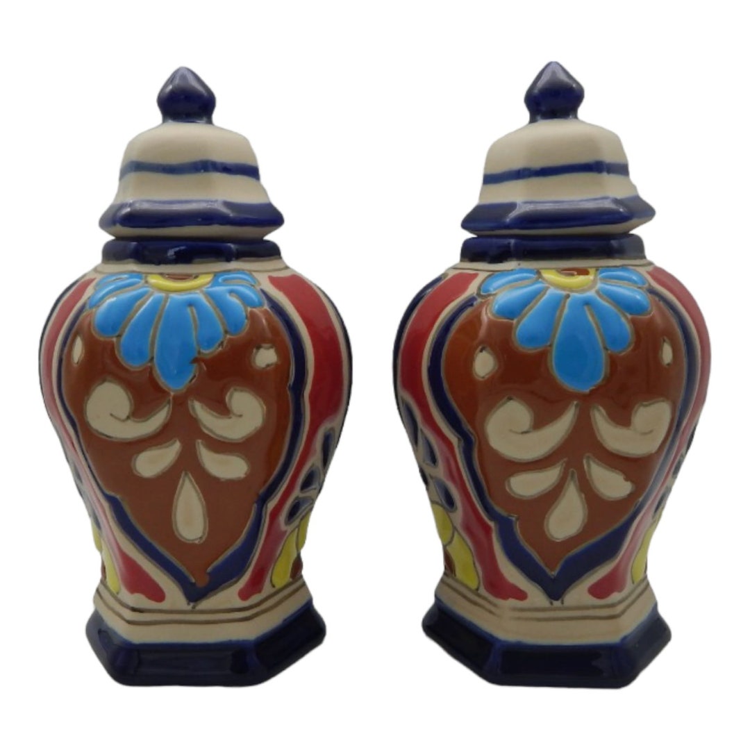 Set of 2 Talavera Mexican Glazed Pottery Tibor Ginger Jar Canister W/ Lid Hanpainted 01 Etsy