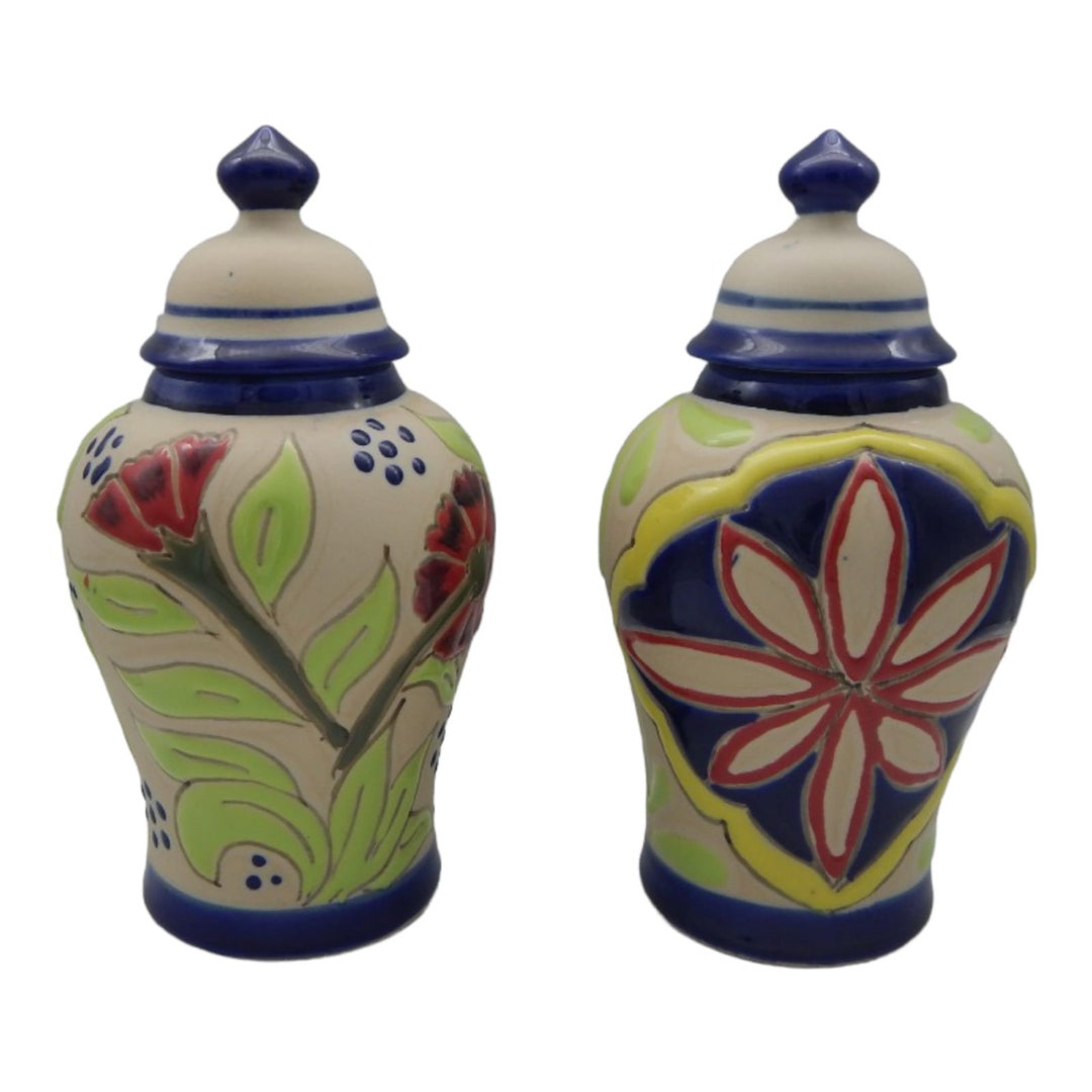 Set of 2 Talavera Mexican Glazed Pottery Tibor Ginger Jar Canister W/ Lid Hanpainted 02 Etsy