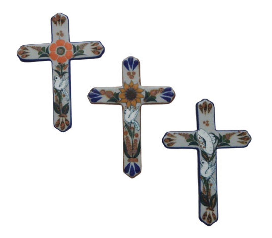 3 PCS Set Mexican Ceramic Cross Wall Hanging Handmade Tonala Folk Art