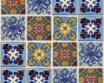 16 Mexican Talavera Tiles  Handmade Decorative Mexican Ceramic 4x4 inches 524