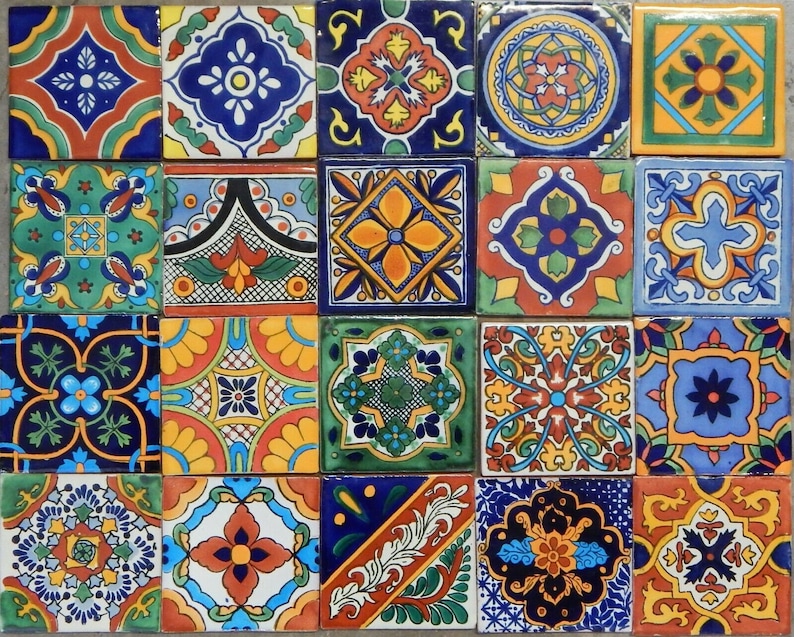 100 Pieces Mexican Talavera Tiles Handmade Mixed Designs Mexican Ceramic 4x4 20 DESIGNS