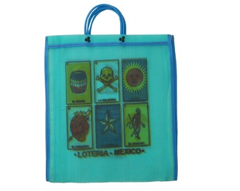 Mexican Market Bag Reusable Recyclable Shopping Handmade  Bag  lottery Mexican White Turquoise #154