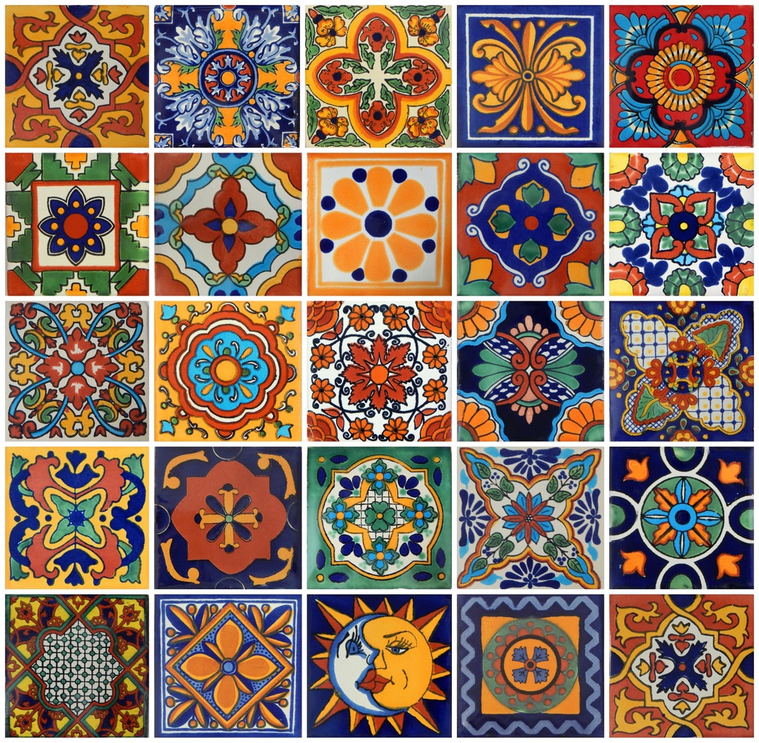 100 Pieces Mexican Talavera Tiles Handmade Mixed Designs Mexican