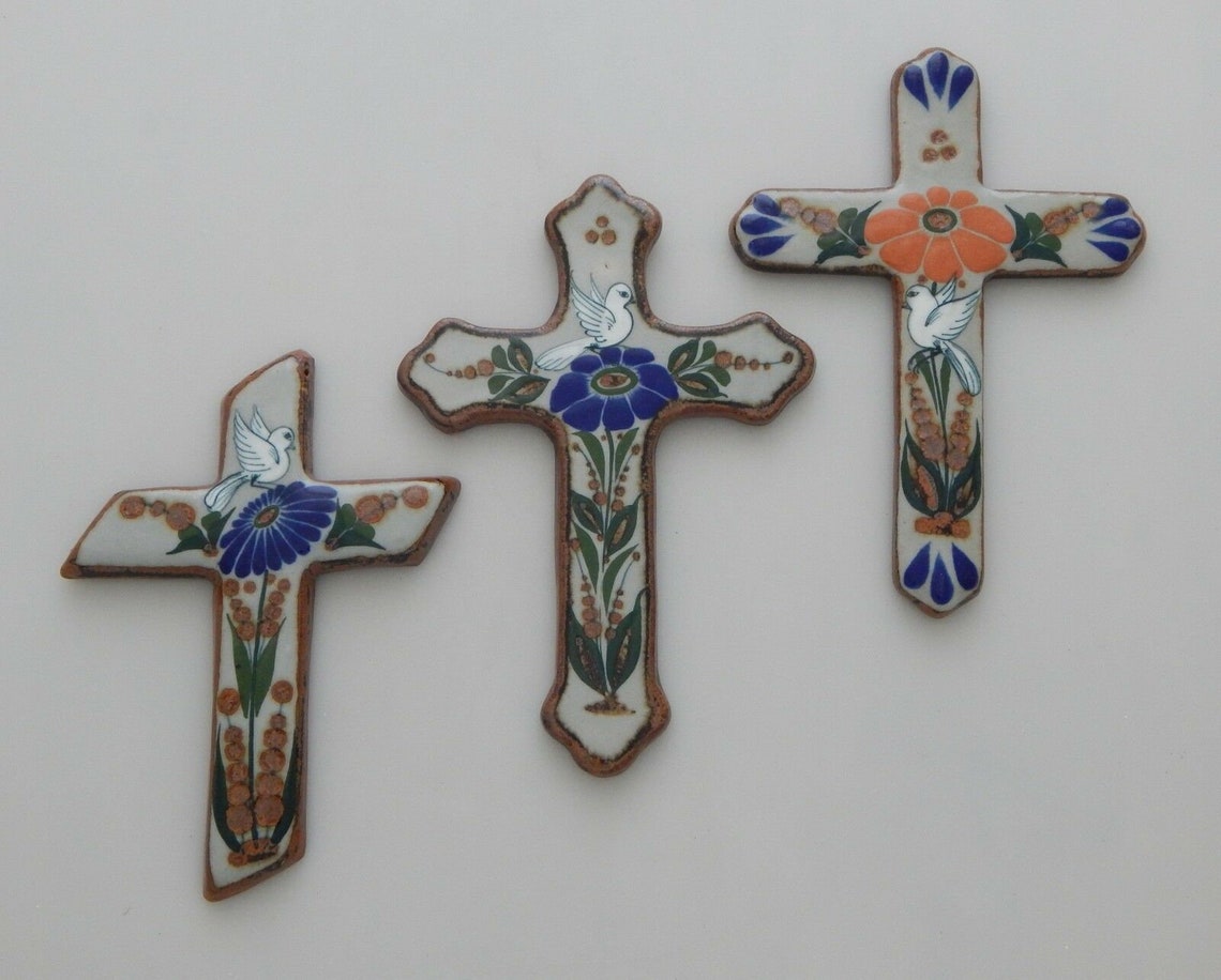 3 PCS Set Mexican Ceramic Cross Wall Hanging Handmade Tonala Etsy
