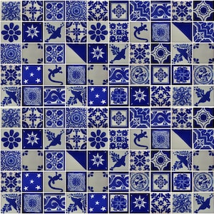 100 Pieces Mexican Talavera Tiles Handmade Mixed Designs Mexican Ceramic 4x4 inch blue and white