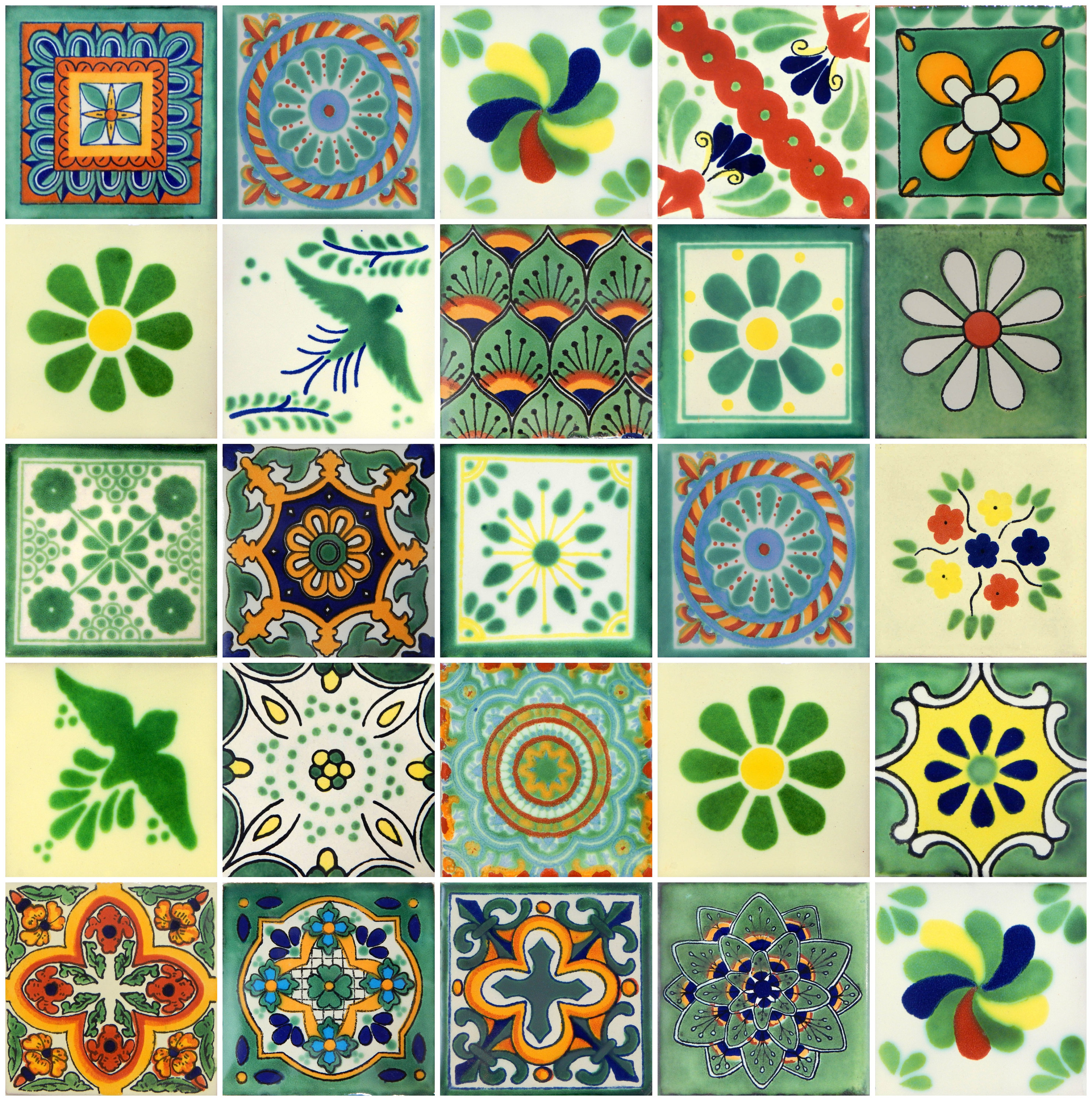 25 4x4 Pieces Mexican Talavera Tiles Handmade Green Mixed Etsy