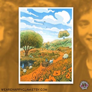 May include: A watercolor painting of a whimsical village with hobbit holes nestled into the hillside. A dirt path winds through the village, leading to a pond with a small waterfall. The sky is a bright blue with fluffy white clouds. Orange poppies bloom along the path.