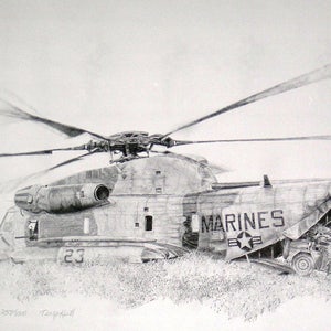 May include: A black and white pencil drawing of a military helicopter, a CH-53E Super Stallion, with the words "MARINES" on the side. The helicopter is on the ground with its rotors spinning. A military vehicle is parked next to the helicopter.