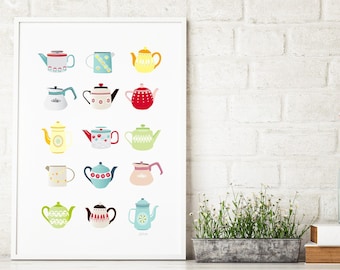 Impresión de cocina de teteras retro, arte de tetera pequeña, ilustración de tetera, decoración de pared de cocina, tazas de té, Scandi, impresión de tetera antigua, digital