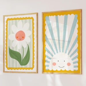 Retro Flower and Sun Kids Print, Flower illustration, Sunshine Print, Nursery Art, Kids Room Art Print, Colourful Kids Art, Bedroom Prints
