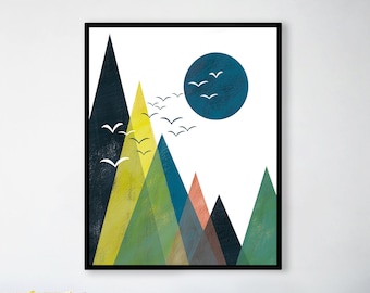Nordic Mountain Nursery Print, Boys Room Decor, Moon Print, Nature Print, Neutral Nursery, Printable Nursery Art