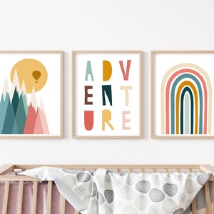 Adventure Wall Art, Set of 3 Prints, Boho Nursery Decor, Rainbow Print, Hot Air Balloon Print, Printable Nursery Art