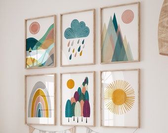 Set of 6 Prints, Kids Room Decor, Nursery Wall Art, Mountain Print, Sunshine Print, Rainbow Print, Printable Wall Art