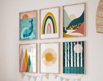 Set of 6 Prints, Nordic Nursery Decor, Kids Room Art, Printable Nursery Wall Art, Mountain Print, Sunshine Print, Rainbow Print, Whale Print