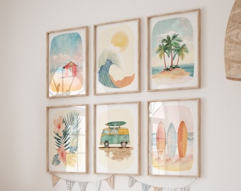 Decoración de pared para habitación de niños con temática oceánica, póster de surf, arte de pared para habitación de niños, juego de 6, imprimible