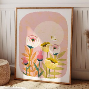 Flower print, botanical wall art, pastel print, girls room decor, girls room prints, butterfly print, the secret garden, wall art prints