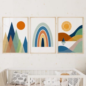 Set of 3 Prints, Boys Room Decor, Nordic Nursery Decor, Kids Room Decor, Adventure Nursery, Mountain Print, Sunshine Print, Rainbow Print