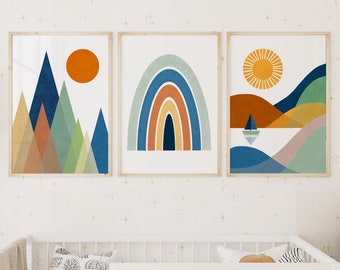 Set of 3 Prints, Boys Room Decor, Nordic Nursery Decor, Kids Room Decor, Adventure Nursery, Mountain Print, Sunshine Print, Rainbow Print