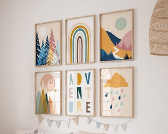 Set of 6 Prints, Kids Room Decor, Adventure Nursery, Nordic Nursery Decor, Nursery Wall Art, Mountain Print, Sunshine Print, Rainbow Print