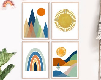 Boho Nursery Printable, Boys Room Decor, Set of 4 Prints, Nordic Nursery, Nursery Wall Art, Mountain Print, Sunshine Print, Rainbow Print,