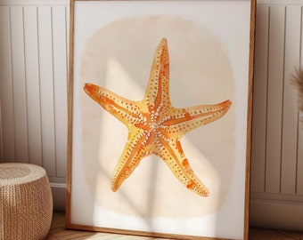 May include: A watercolor painting of an orange starfish on a light beige background. The starfish is in the center of the image and is surrounded by a soft, light glow.
