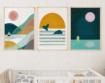 Ocean Nursery Decor, Set of 3 Prints, Nautical Nursery, Boho Nursery Art, Whale Print, Sunshine Print, Printable Wall Art