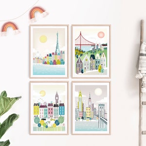 Travel Nursery Art Print Set of 4, Explore Nursery Art, Travel Nursery Décor, Adventure Nursery, Paris London New York San Francisco Print