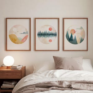 Set of 3 Prints, Nordic Nursery Decor, Whimsical Boho Landscape, Mountain Forest Print, Sunset print