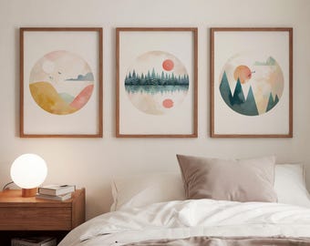Zestaw 3 wydruków, wystrój pokoju dziecięcego w stylu nordyckim, fantazyjny krajobraz boho, wydruk z górskim lasem, wydruk z zachodem słońca