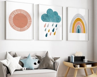 Kids Room Decor, Set of 3 Prints, Boho Rainbow Sunshine Prints, Gender Neutral Nursery Décor, Printable Nursery Art