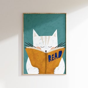 Cat Print, Kids Room Decor, Book Lover Gift, Cat Reading Book, Kids Room Print, Digital Download